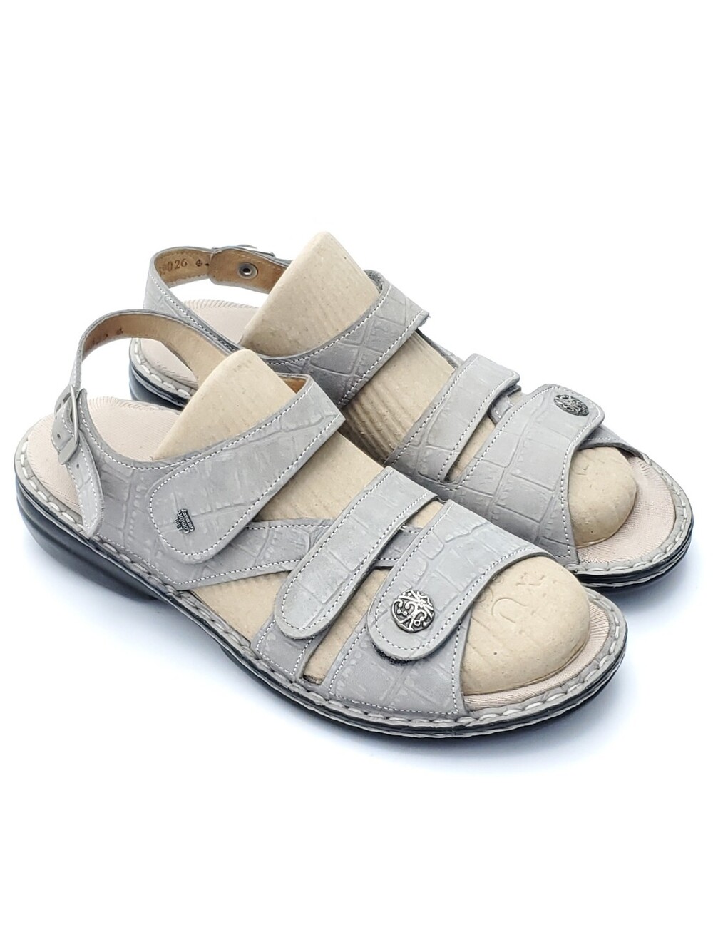 Finn Comfort Gomera Grey Stone Croc Embossed Leather Orthopedic Sandals US 9-9.5